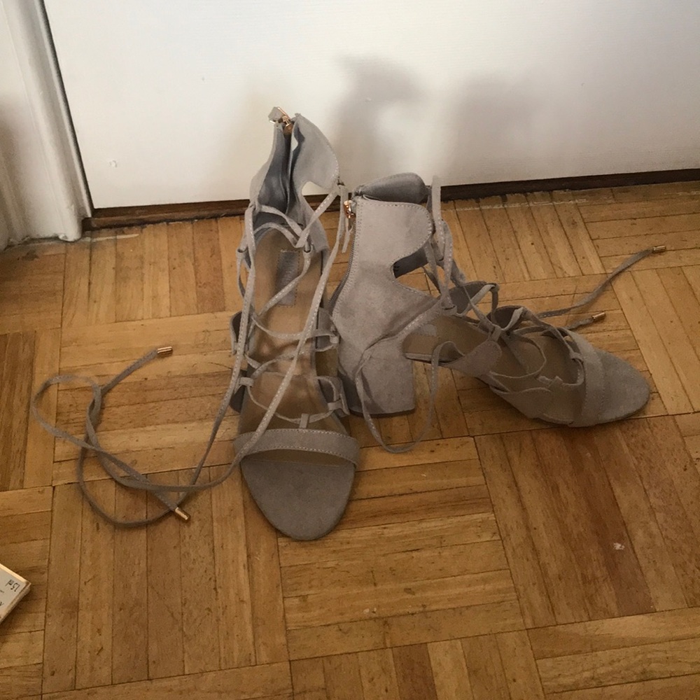 F21 grey suede lace up heels